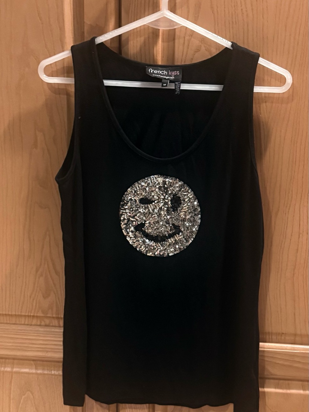 French Kyss Black Scoop Neck Tank Top With Sequined Smiley Face Size Medium